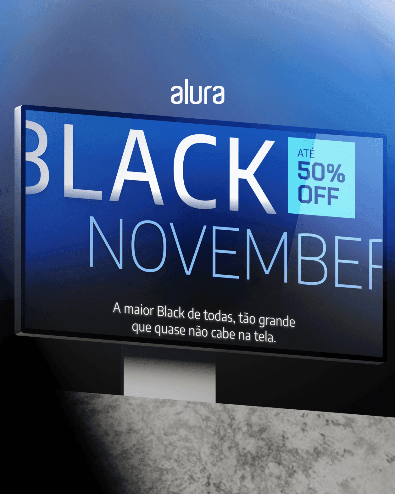 Black November campaign banner offering up to 50% off, shown on a monitor