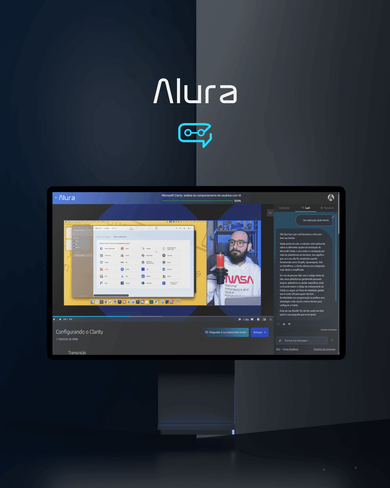 Luri AI case study cover: Alura lesson screens with Luri explaining the excerpt, on dark podiums