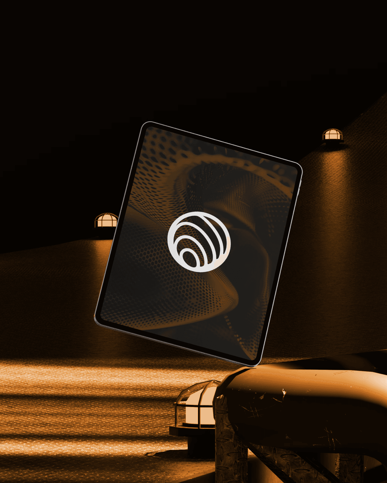 Submersivo shell-shaped sound wave mark on a tablet in a copper-lit studio